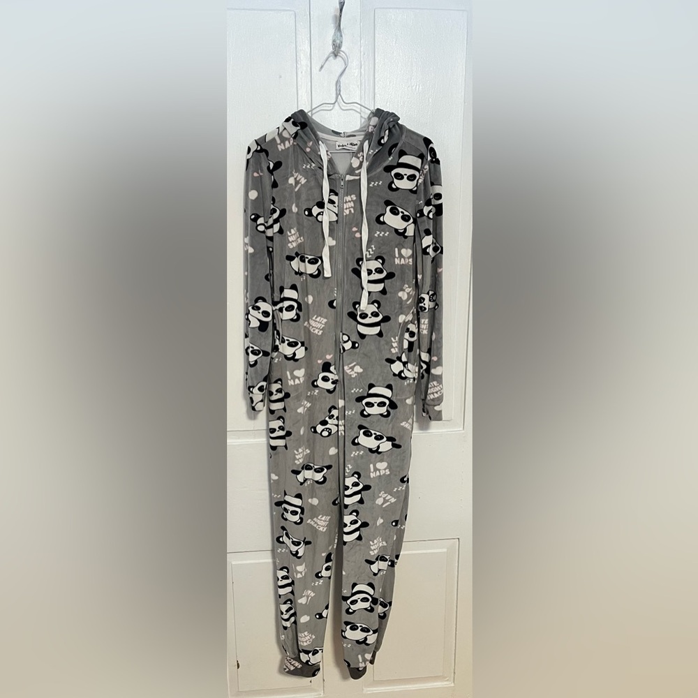 Women's Gray Panda Print Pajama Onesie